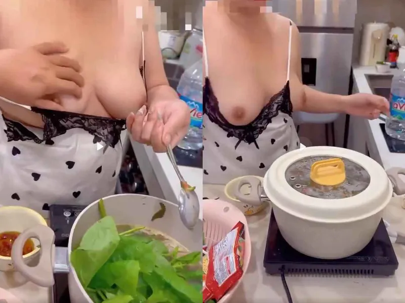 Chị vú ngon đang nấu ăn mà anh cứ đòi sờ vú rồi chịch